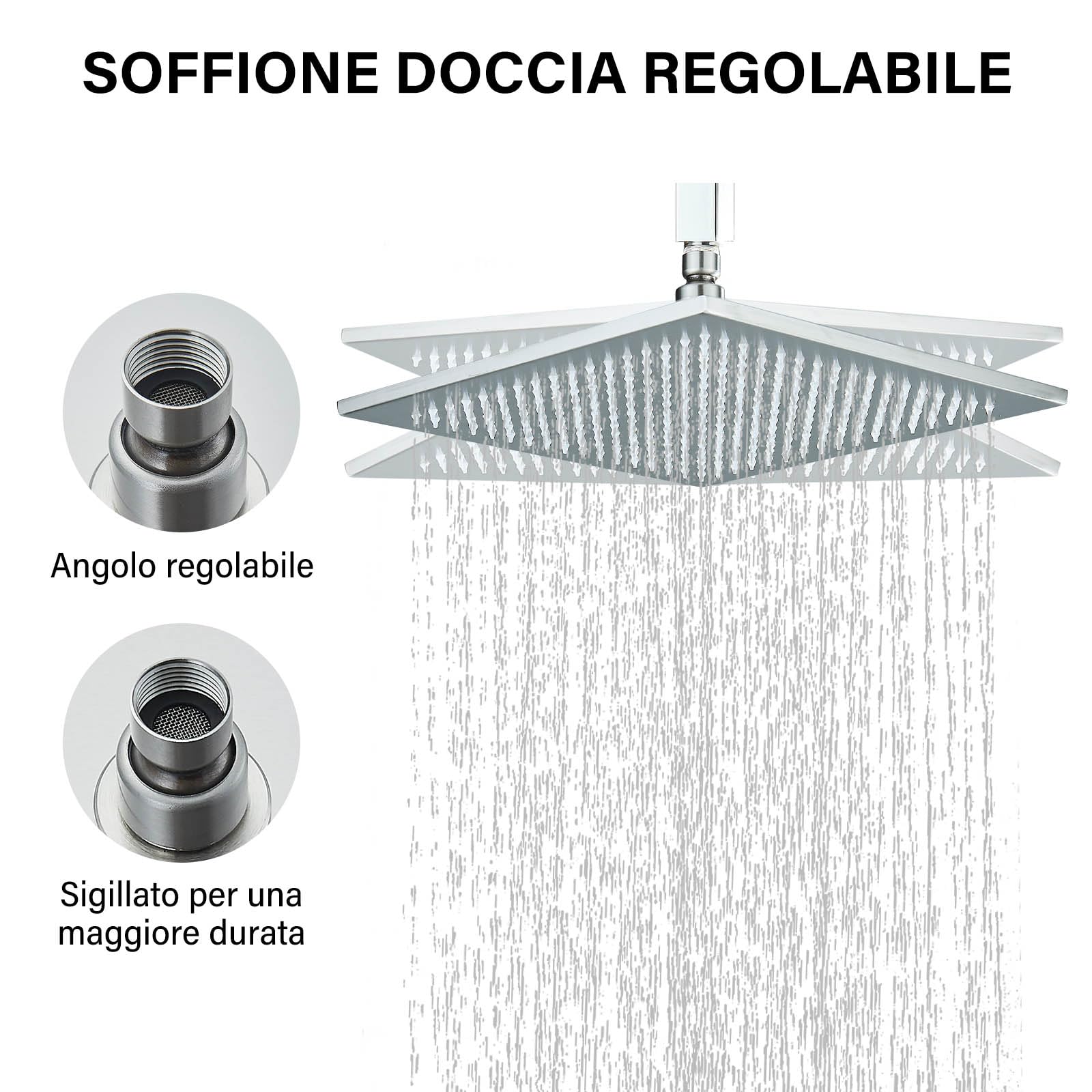 JUNSHENG Soffione Doccia Quadrato da 12”, Doccia a Pioggia con LED, Soffione Doccia Fisso (30x30cm) spazzolato