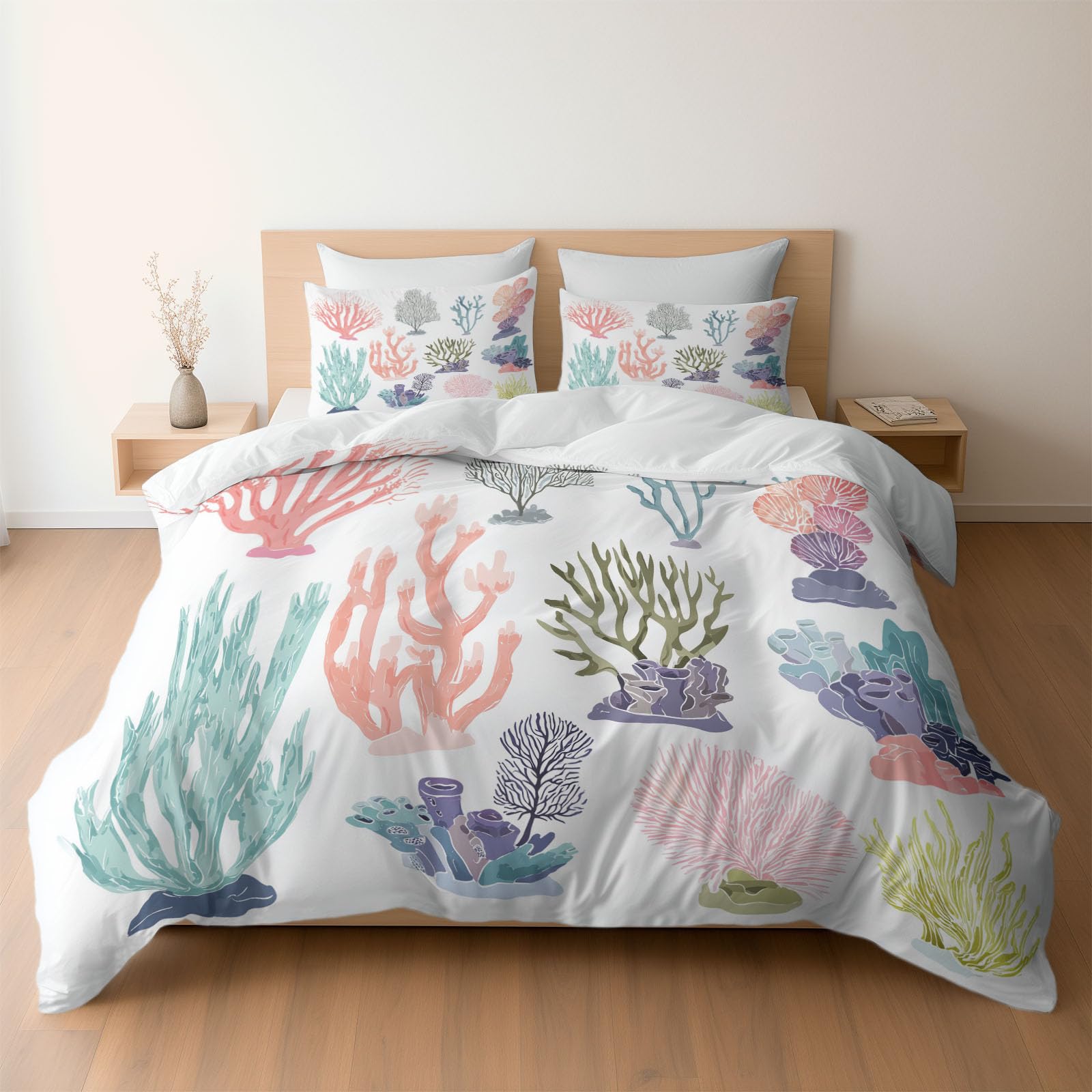 Bedding Set Ocean Plants Coral Clipart, Reversible Duvet Cover Set with Pillowcases for Single Bed, White Bedding, Soft Microfiber Duvet Cover Zipper Closure 135 x 200 cm