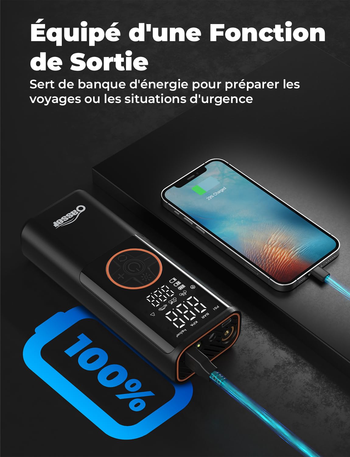 Oasser Gonfleur Pneus Voiture sans Fil 6000mAh Mini Compresseur à Air Portatif 150 PSI (10,3 Bar) Inflation Rapide Cylindre 19 mm Affiche 2 Valeur avec 3M Allume-Cigare 12V et Sac de Rangement
