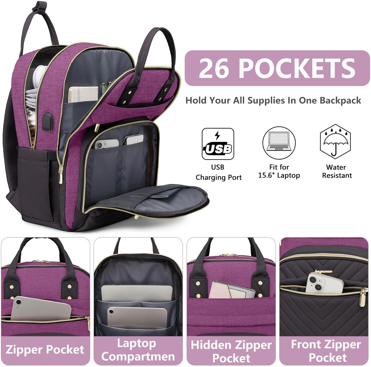 Laptop Backpack for Women Work Bag - 15.6 inch Travel Backpack with USB Charger Business Computer Backpacks for Work College Back pack for Teacher Casual Waterproof Bookbag for Nurses Purple - Image 2