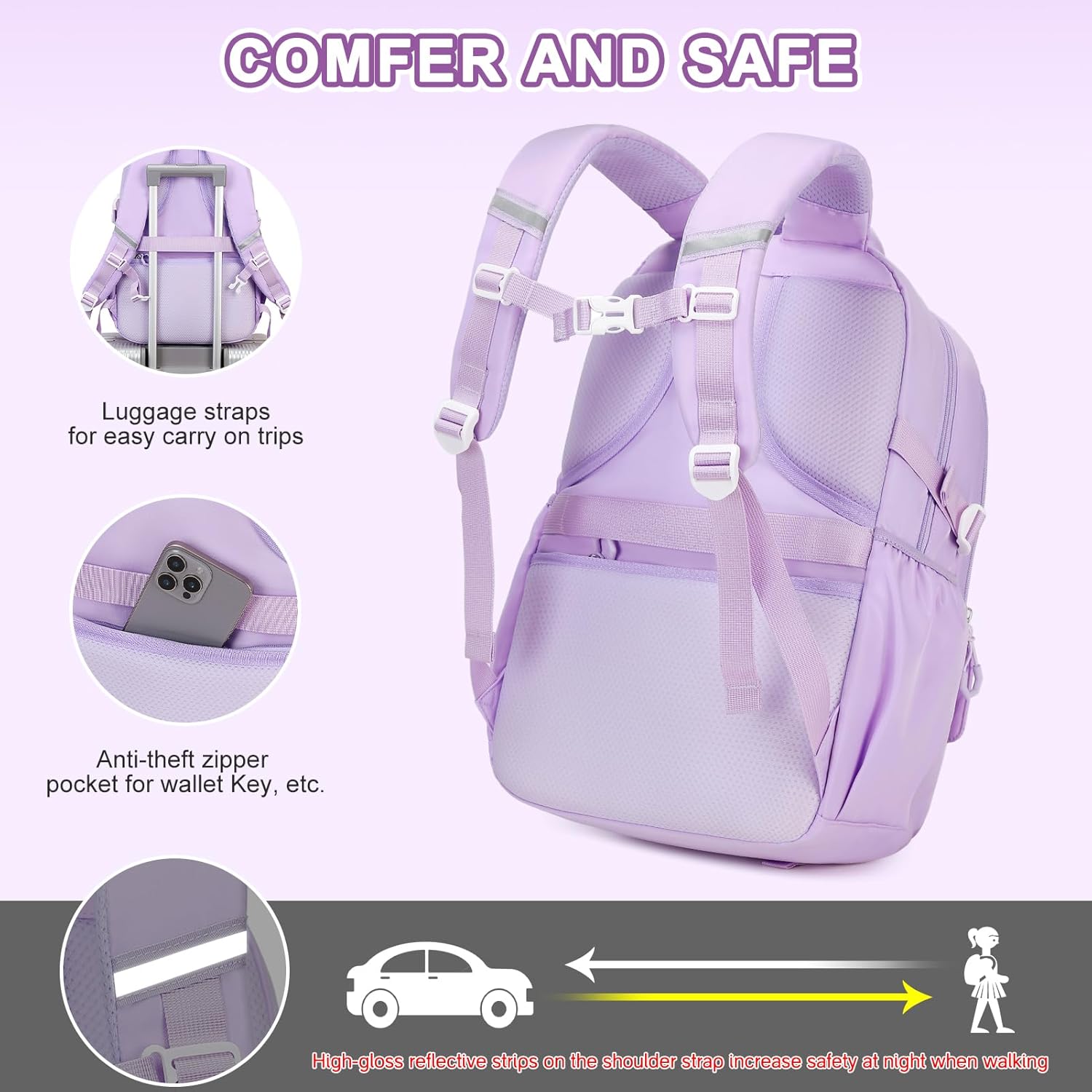 Backpack for Girls - Girls Backpack with Lunch Box & Pencil Pouch for Teen Kids, Laptop Backpack for Women, School Backpacks for Girl Elementary Middle High School Bookbag Daypack (Purple) - Image 4