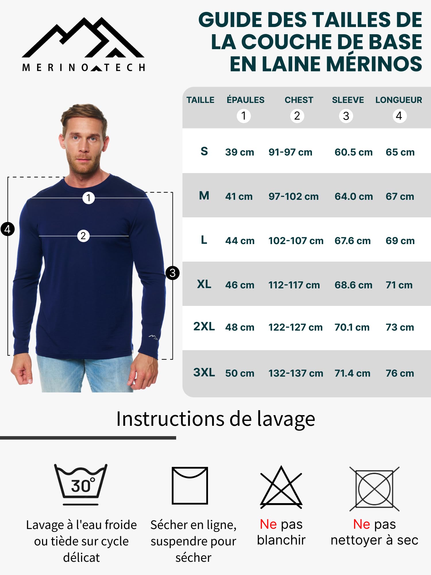 Merino.tech sous Vetement Thermique Homme Laine Merinos - 100% Pull Merinos pour la Randonnée et la Chasse