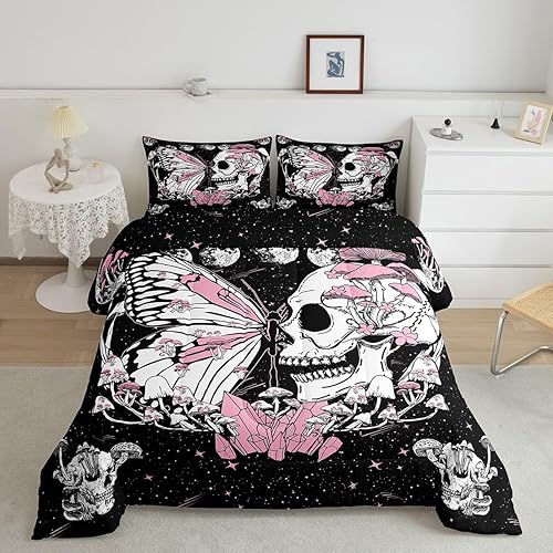 Miniatura 4 de Juego de edredón de calavera y mariposa, tamaño individual, edredón acolchado con hongos rosados, gótico, galaxia, estrellado, luna, juego de ropa