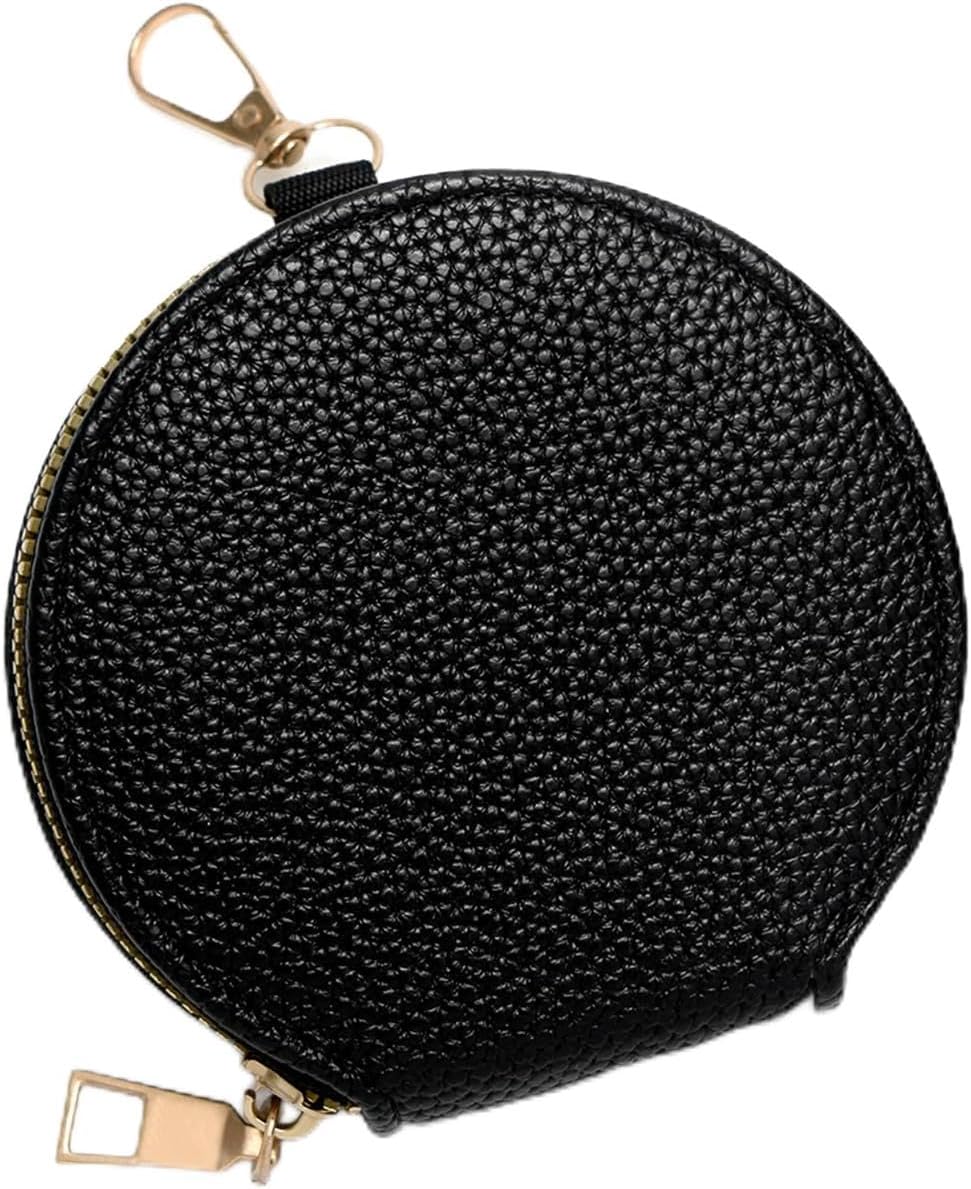 Women’s Small Coin Purse, Vintage Zipper Change Purse, Pocket-Sized, Solid Color, Round Coin Bag with Keychain - Black