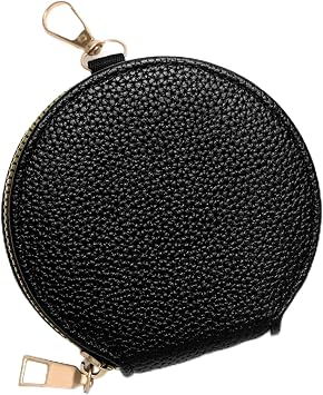 Womens Small Coin Purse, Vintage Zipper Change Purse, Pocket-Sized, Solid Color, Round Coin Bag with Keychain - Black