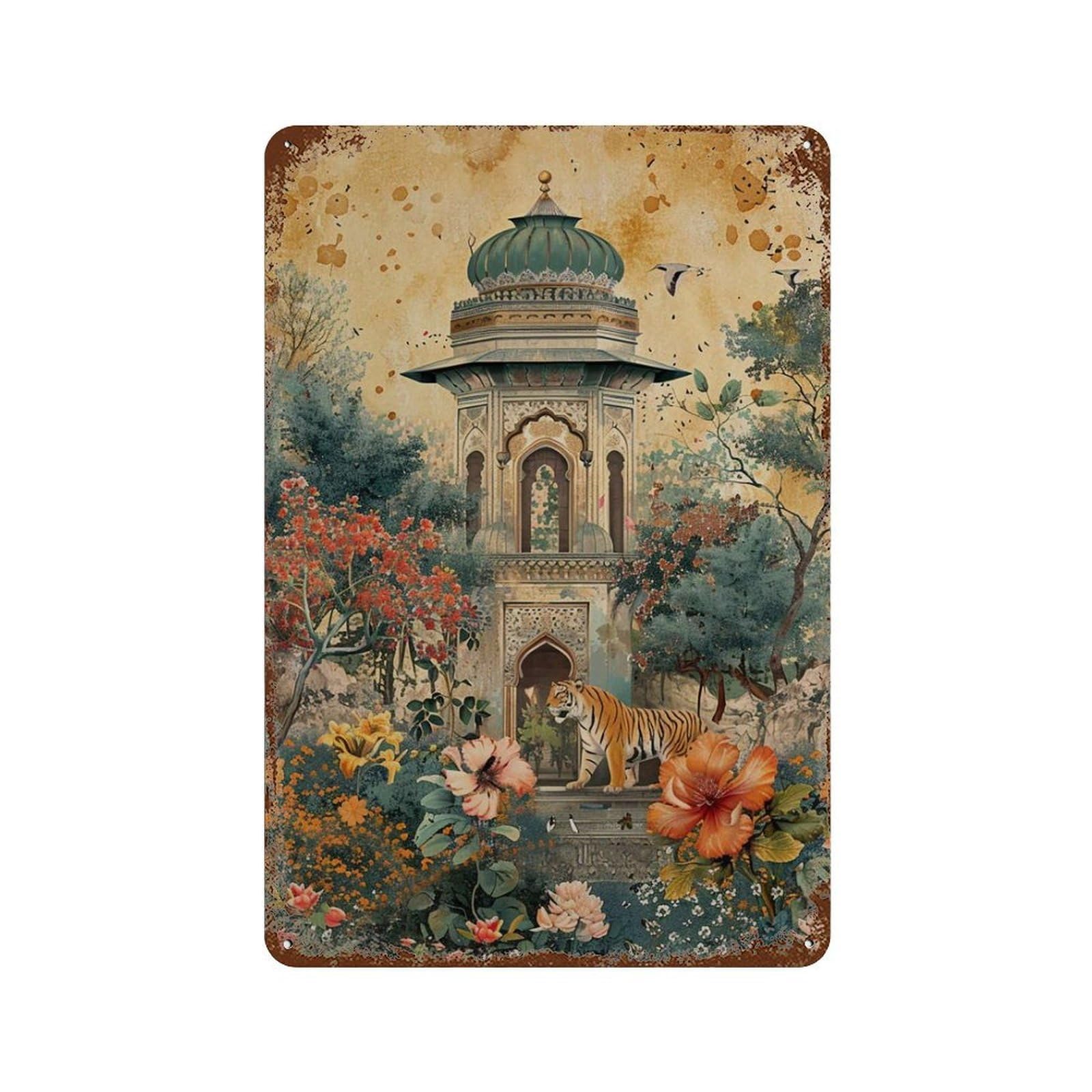 xiaoxiaoshen Mughal Jungle Tiger Temple Boho Exotic Indian Palace Botanical Wall Decor Art Metal Tin Poster Modern Home Decor Art Home Bar Shop Decorations Vintage Sign 30x20cm