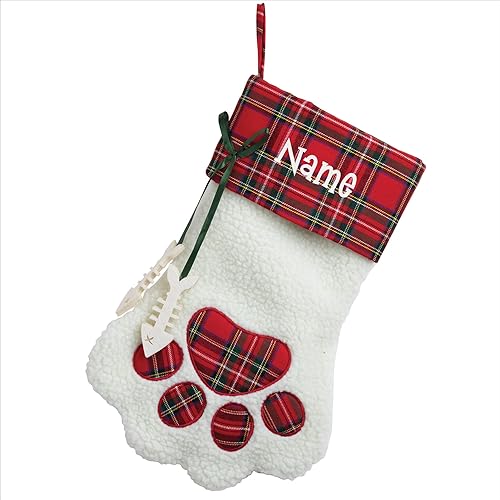 Vista 8 de Personalized Planet Calcetín de Navidad con nombre de mascota bordado personalizado, sherpa sintético blanco con puño a cuadros rojos y detalles