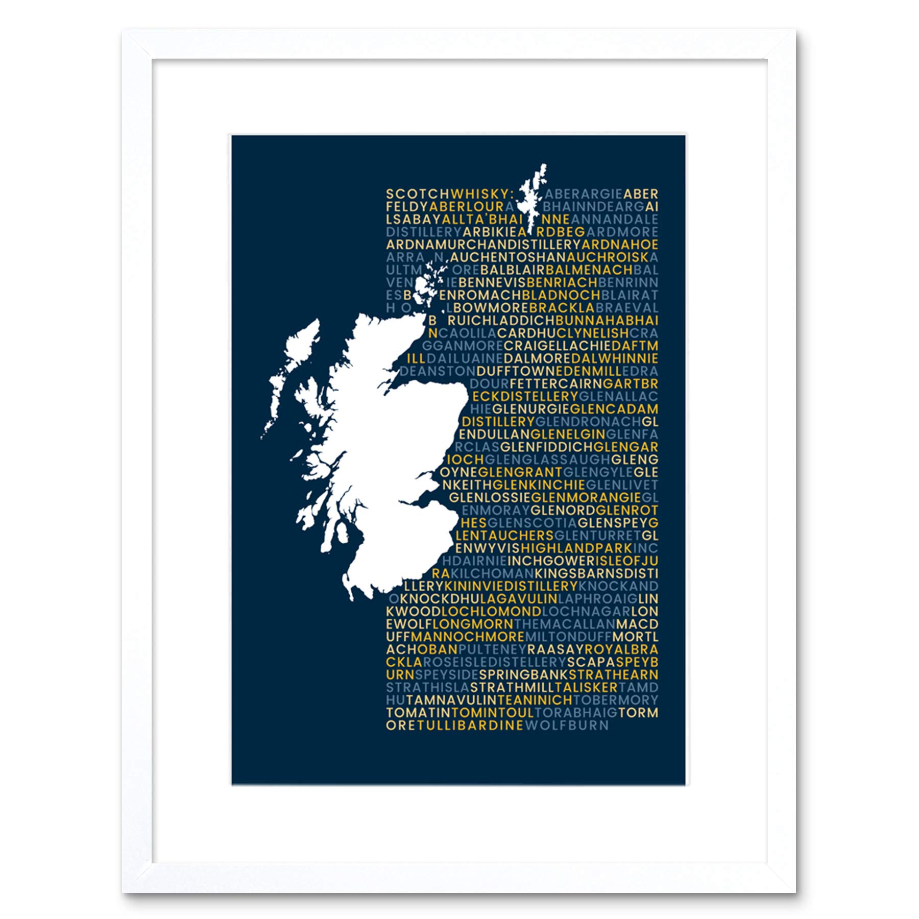 Wee Blue Coo Scotch Whisky Distilleries Map Framed Wall Art Print 9X7