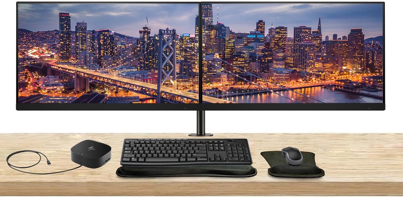 HP Series 5 Pro 24-inch 524pu FHD 1080p LCD Monitor 2-Pack Bundled with Daisy Chain, Desk Mount Dual Stand, USB-C Multiport G5 Dock, MK270 Wireless Keyboard & Mouse, Gel Mouse & Wrist Pad