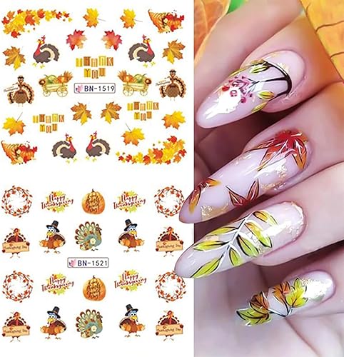 Miniatura 6 de Calcomanías de arte de uñas de otoño, calcomanías de uñas de Acción de Gracias, hoja de arce, pavo, transferencia de agua, calcomanías de uñas de