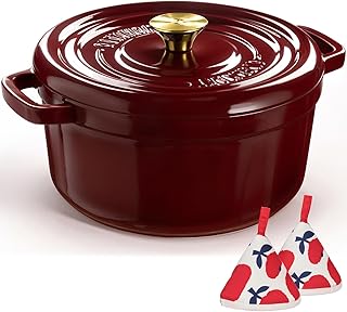 Overmont Enameled Cast Iron Dutch Oven - 5QT Pot with Lid Cookbook & Cot...