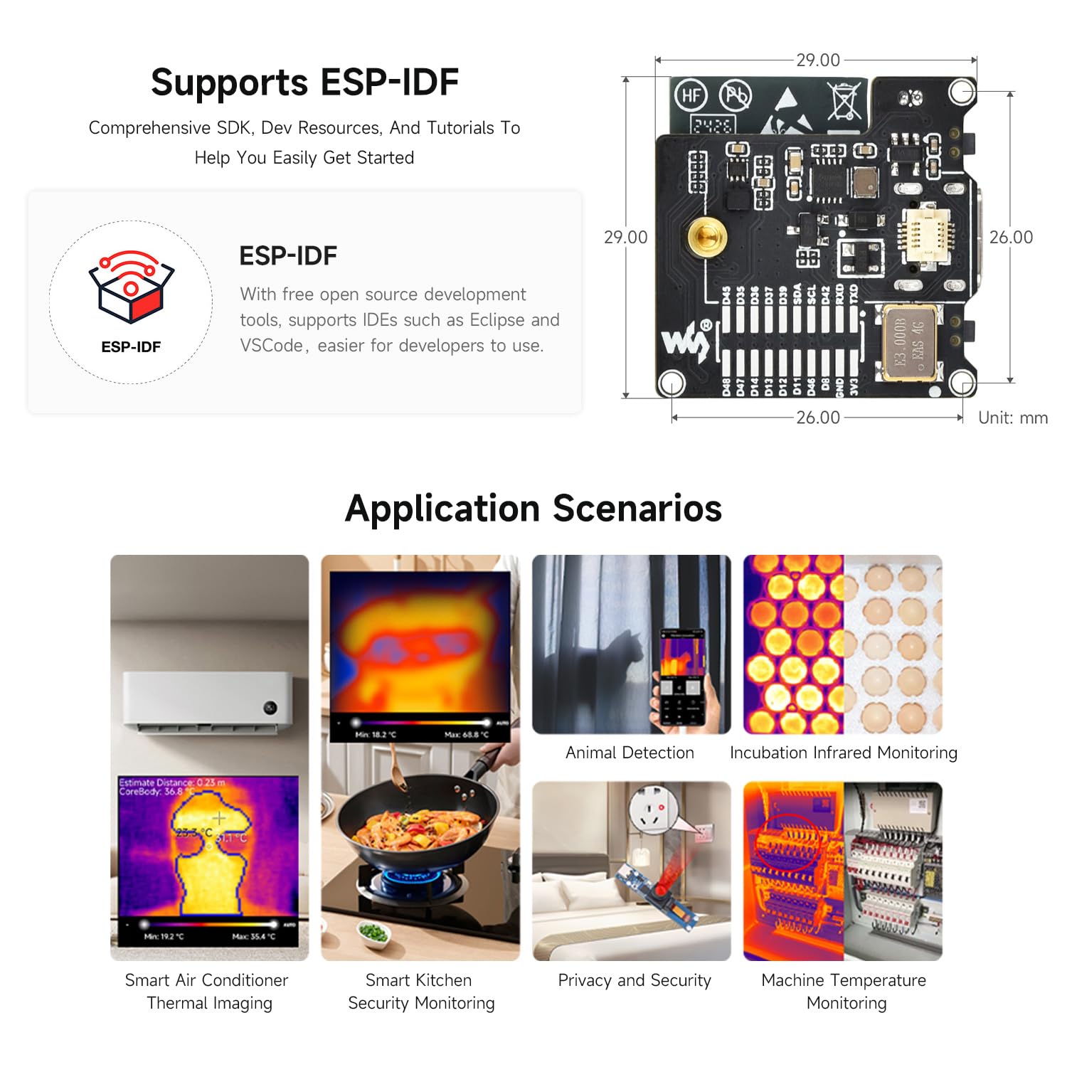 Waveshare ESP32-S3 Infrared Wireless IR Thermal Imaging Camera Module, Type-C Port, 80x62 Array Pixels Basic Version 45 ° Field of View Angle