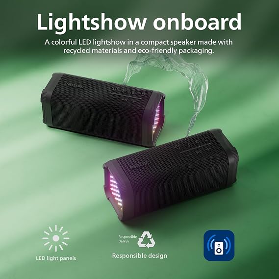 PHILIPS TAS2000B Bluetooth Wireless Speaker with LED Lightshow, 20 W Bass+, Auracast, 20 Hrs Play Time, IPX5 Splash-Proof, USB Playback, Mic, App Control – Black