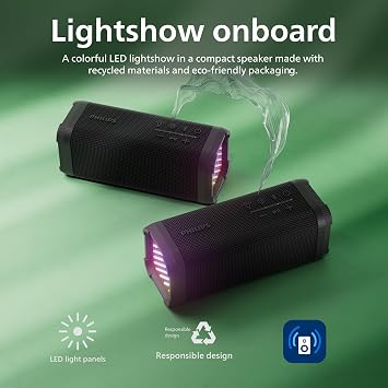 PHILIPS TAS2000B Bluetooth Wireless Speaker with LED Lightshow, 20 W Bass+, Auracast, 20 Hrs Play Time, IPX5 Splash-Proof, USB Playback, Mic, App Control – Black