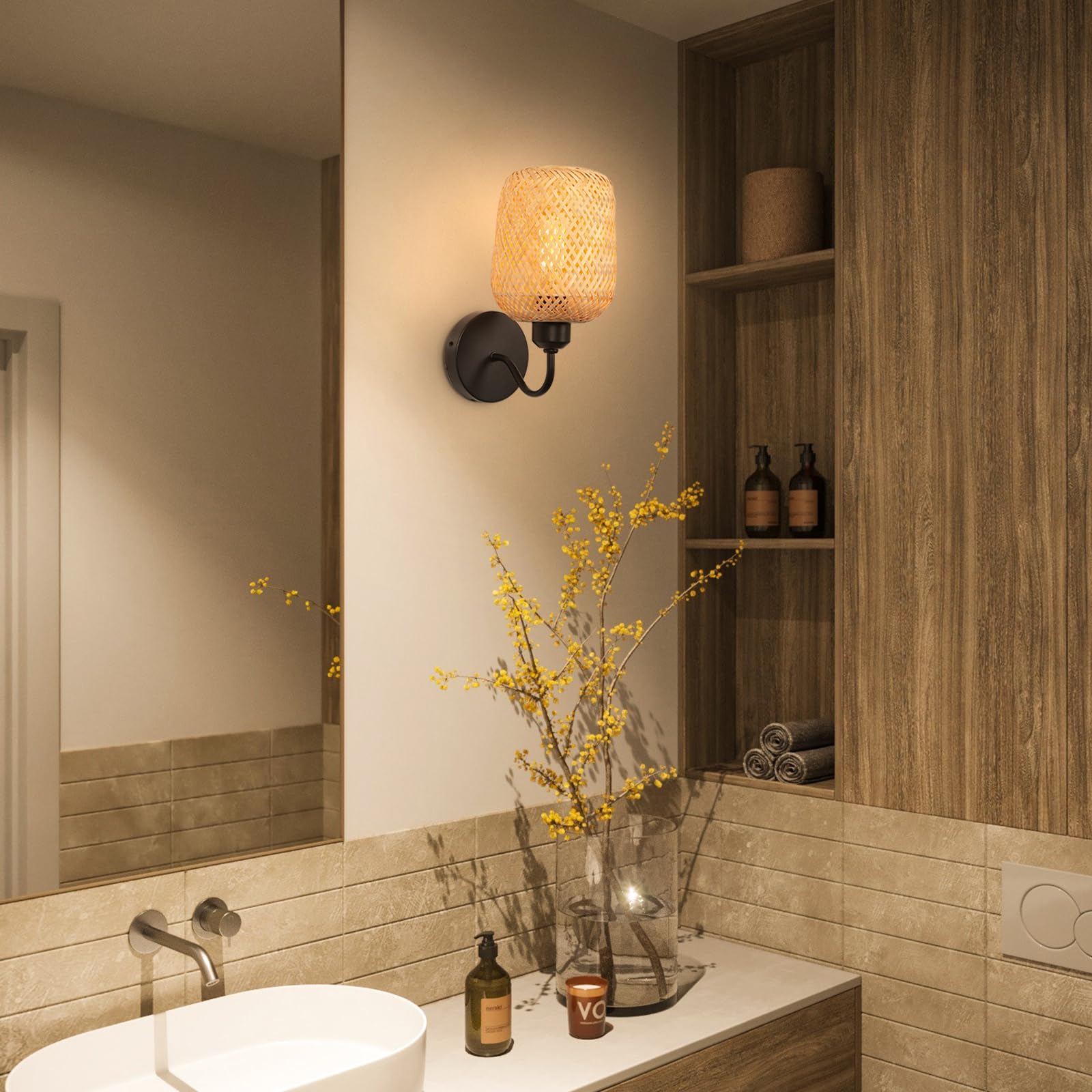 Applique Da Parete In Bambù LIGKIN - Lampada Vintage Con Paralume Intrecciato A Mano E27 - Foto 2