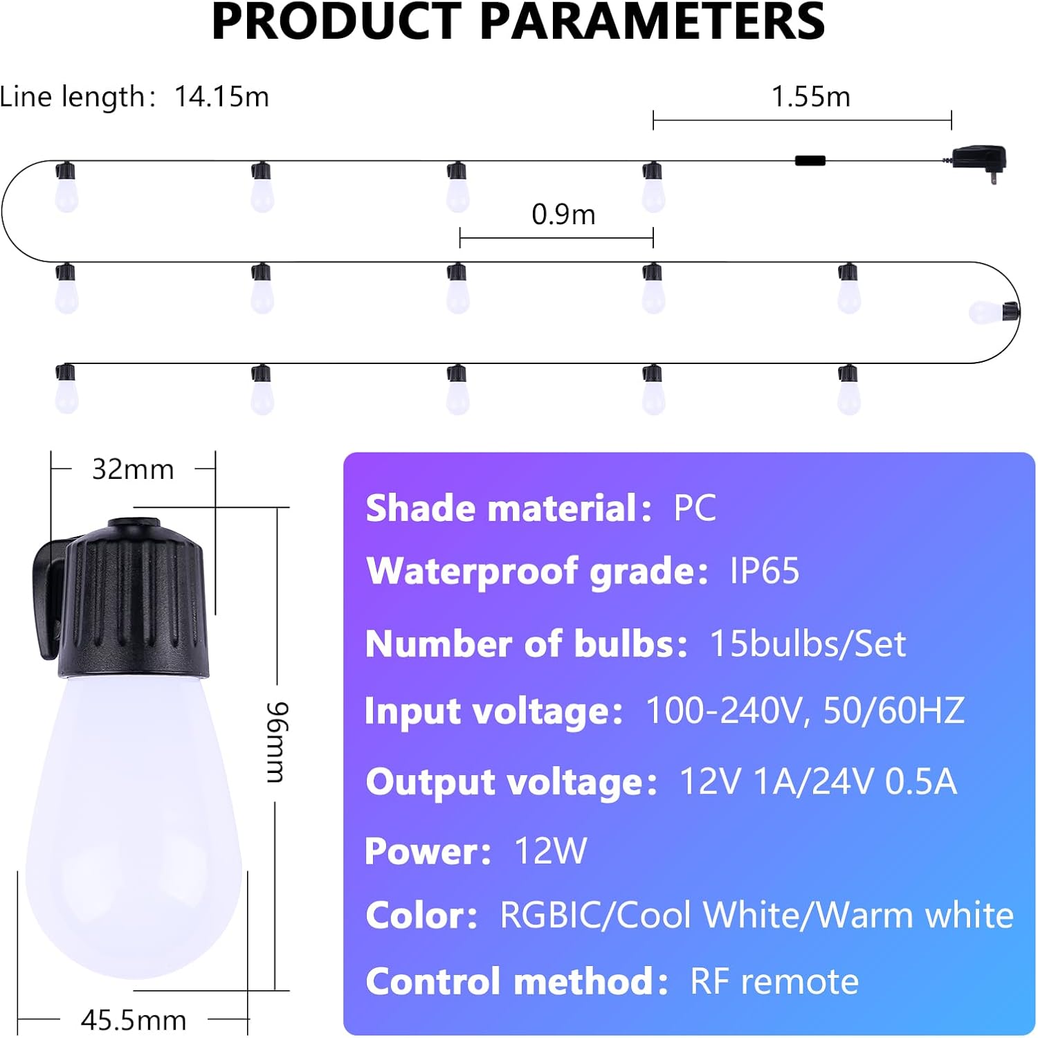MIWAT 45-Foot Outdoor String Lights, Plug-in Bulb, 15 RGB Bulbs with Remote Control, Waterproof Removable Pendant Lights, Suitable for Christmas, Backyard, Porch, Parties Lamps for Festive Decoration
