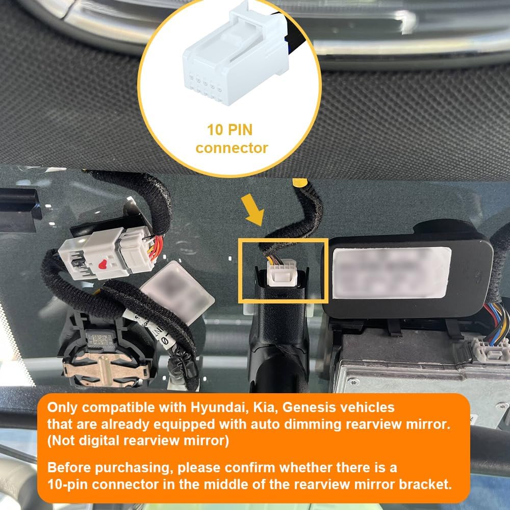 Dash Cam Power Adapter (10-Pin) for for Hyundai, Kia, Genesis, LED Display USB Power Source, Connects to Rearview Mirror, Fuse Protection, Easy to Install, 5V 12V Output, D3-014