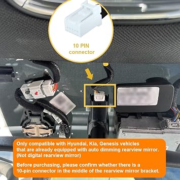 Dash Cam Power Adapter (10-Pin) for for Hyundai, Kia, Genesis, LED Display USB Power Source, Connects to Rearview Mirror, Fuse Protection, Easy to Install, 5V 12V Output, D3-014