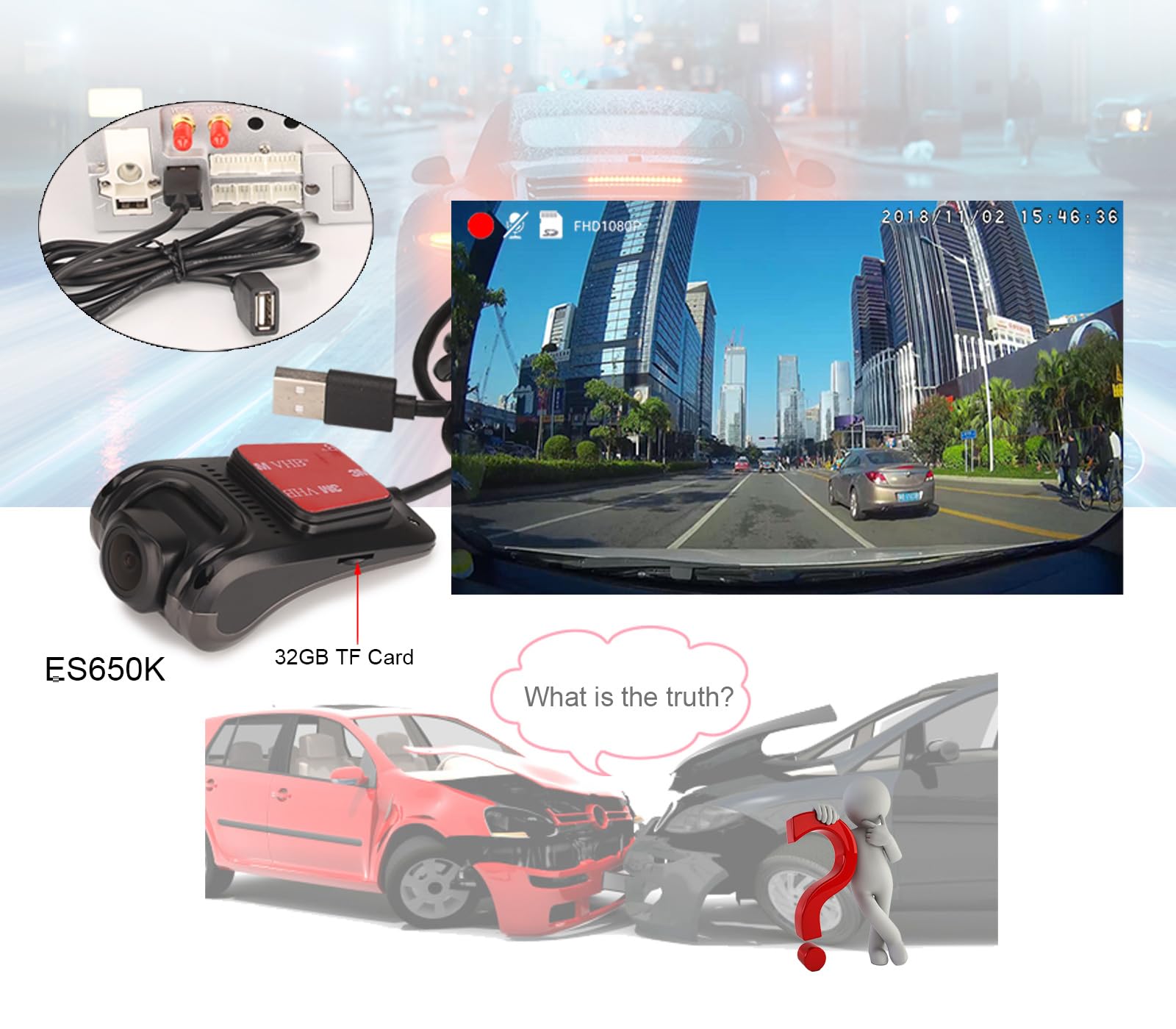 Erisin Dash Cam Impermeabile 150° HD 1080P Dash Camera DVR Registratore Auto per Android Autoradio Visione Notturna Auto USB DVR Registratore Video con Assistenza alla Guida Supporto Max 128GB