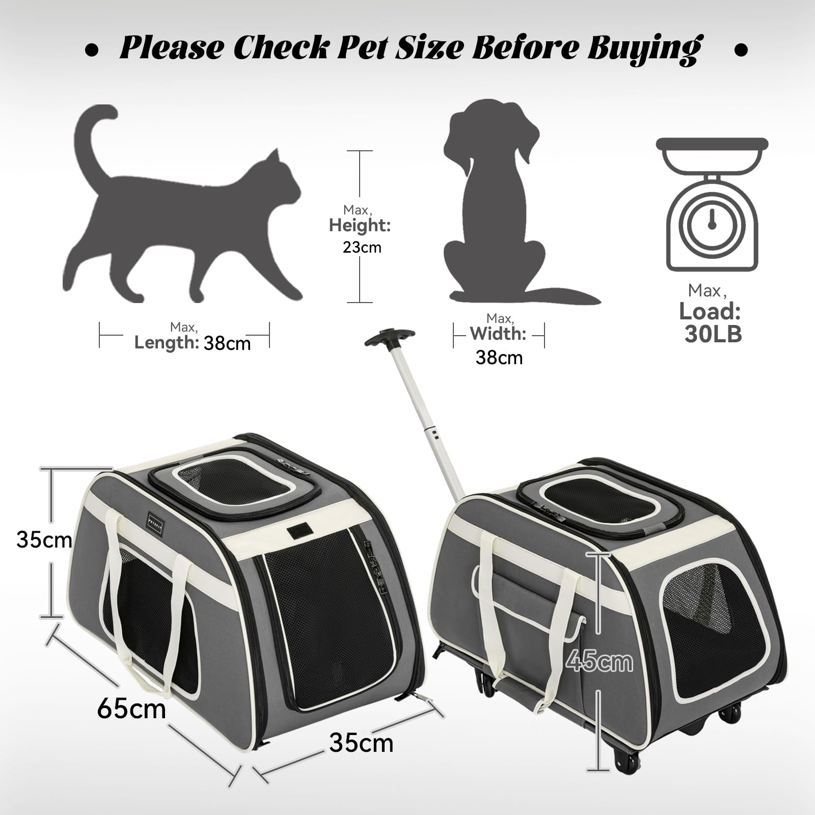 Petsfit Sac Transport Chat avec roulettes Amovibles, Grand Sac de Transport pour Chat pour 2 Chats, Pliable sur roulettes, Chats ou Chiens de Taille Moyenne, avec Fond Imperméable, L/Gris
