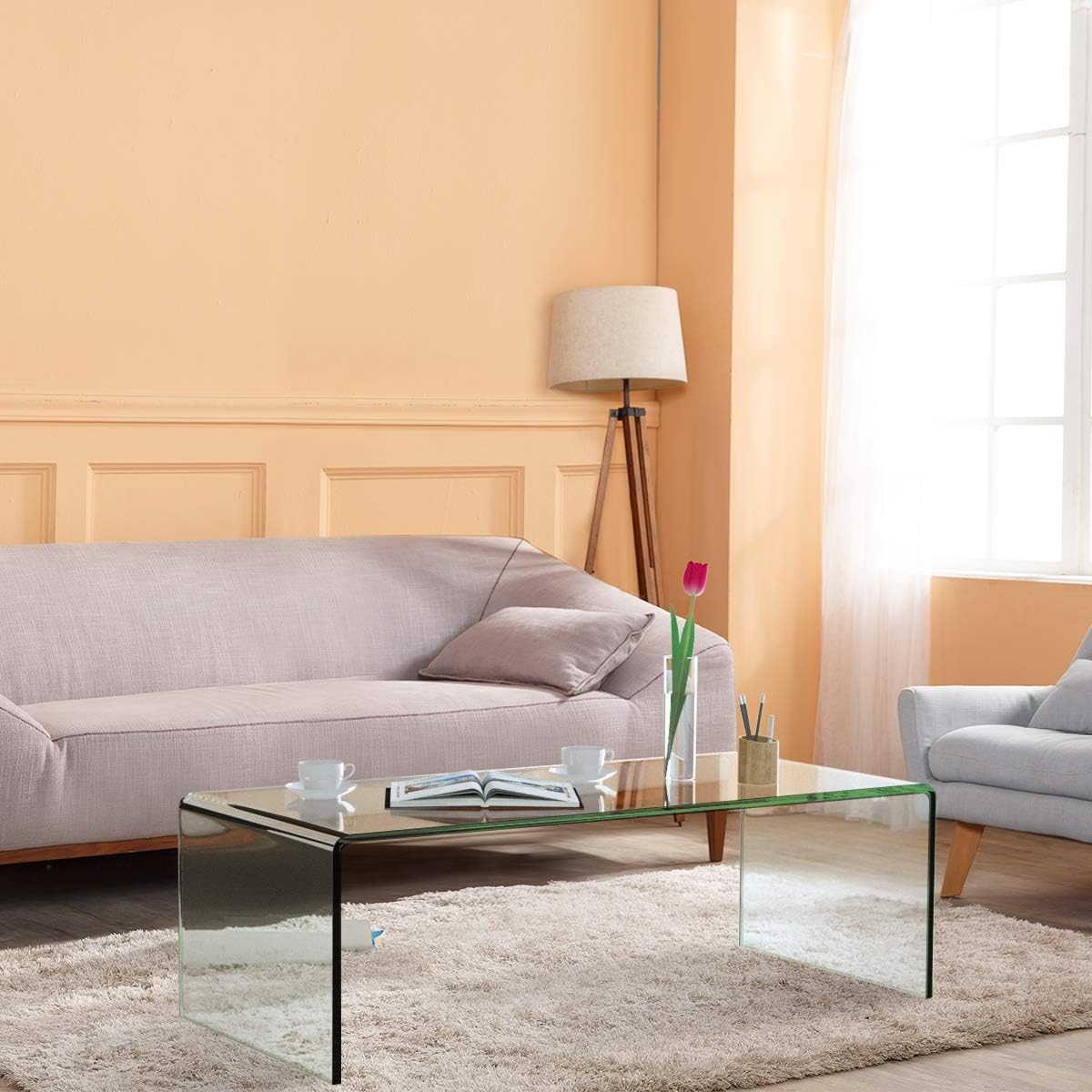 Tangkula Glass Coffee Table, 42.5" L × 20" W ×14" H, Acrylic Coffee Table, Clear Tempered Glass Coffee Table, International Occasion Tea Table, Waterfall Table with Rounded Edges (Clear Glass) : Home & Kitchen