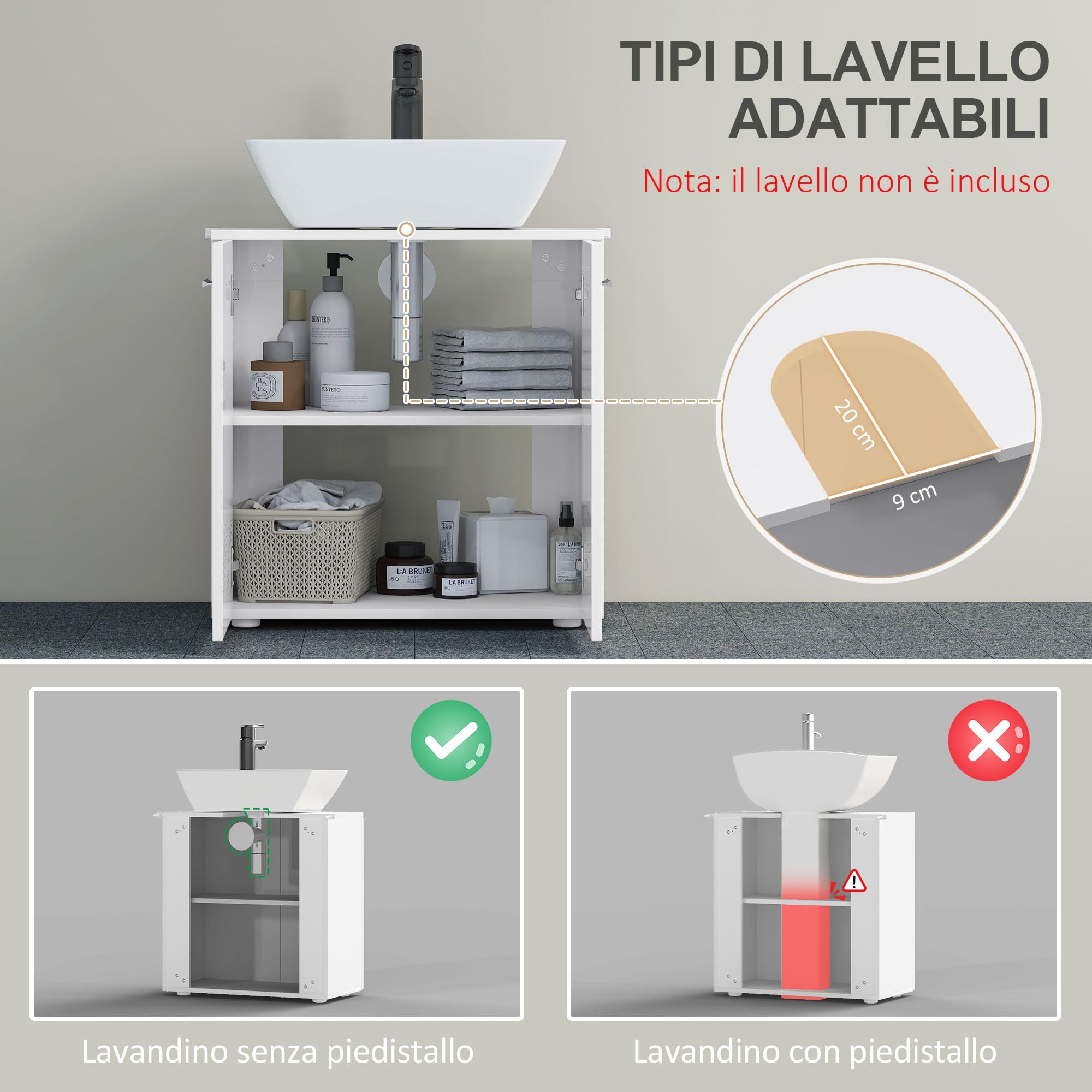 kleankin Mobile Sottolavabo per Bagno 2 Ante in Legno Bianco Lucido