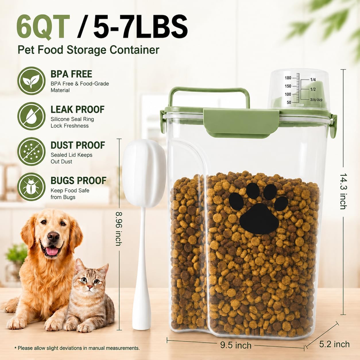 5-7Lbs Dog Cat Food Storage Container with cleaning brush, Measuring Cup,4 Snap Seals, Portable Pet Food Containers with Upgraded Large Nozzle for Dogs,Cats,Birds,Small Animals(Large-Green) image 4