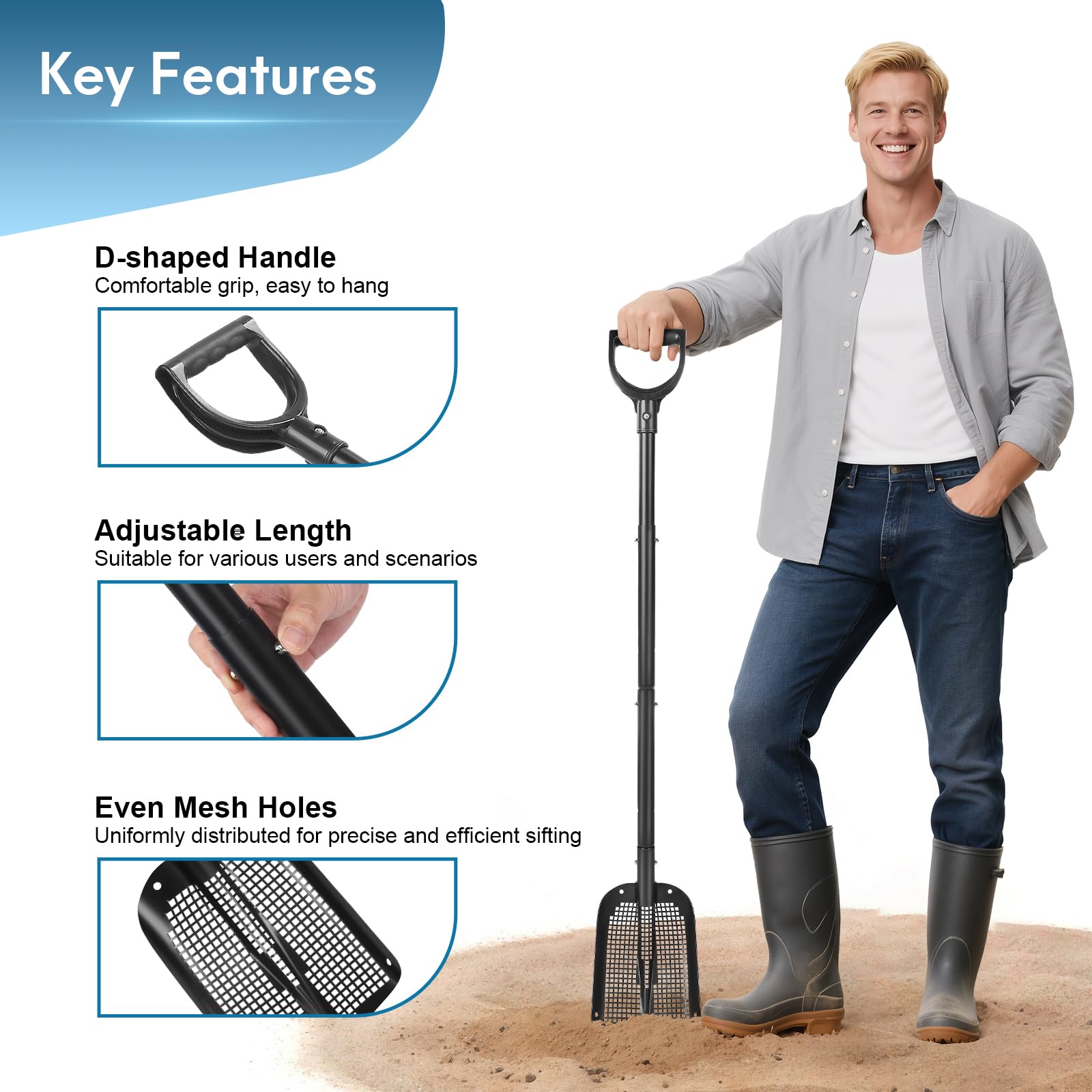 Siebschaufel, 53,5 cm lang, robust, Metall-Sandsieb, Hühnerstallschaufel für Sand, Strandschatzsuche, Siebschaufel mit Löchern, geeignet für Strand, Hühnerstall, Gartenarbeit usw.