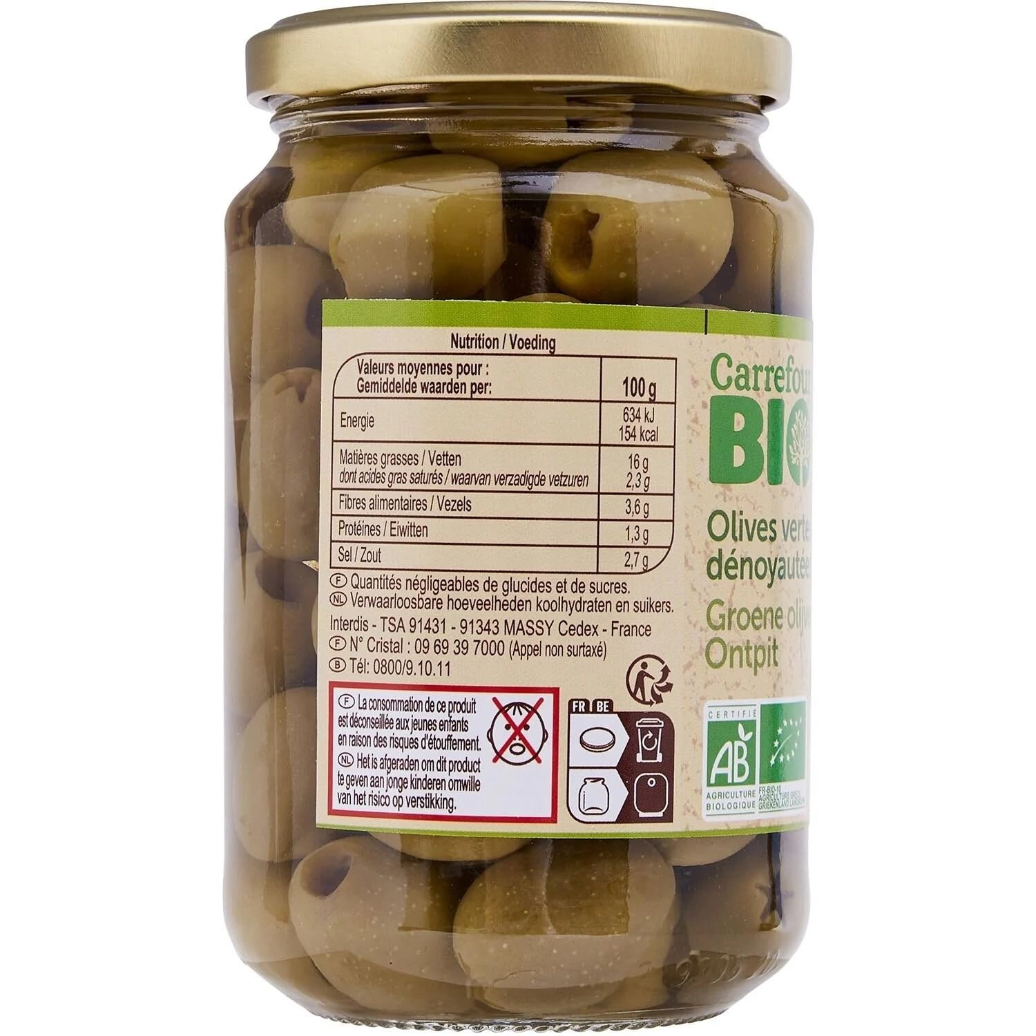 CARREFOUR BIO - Olives Vertes Dénoyautées Bio - Cultivées en Grèce - le bocal de 160g net égoutté - 335g - Le Lot De 4