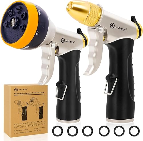 AUTOMAN Boquillas de manguera de jardín, rociador de manguera 100% de metal de alta presión, paquete de 2 boquillas de riego de jardín resistentes,