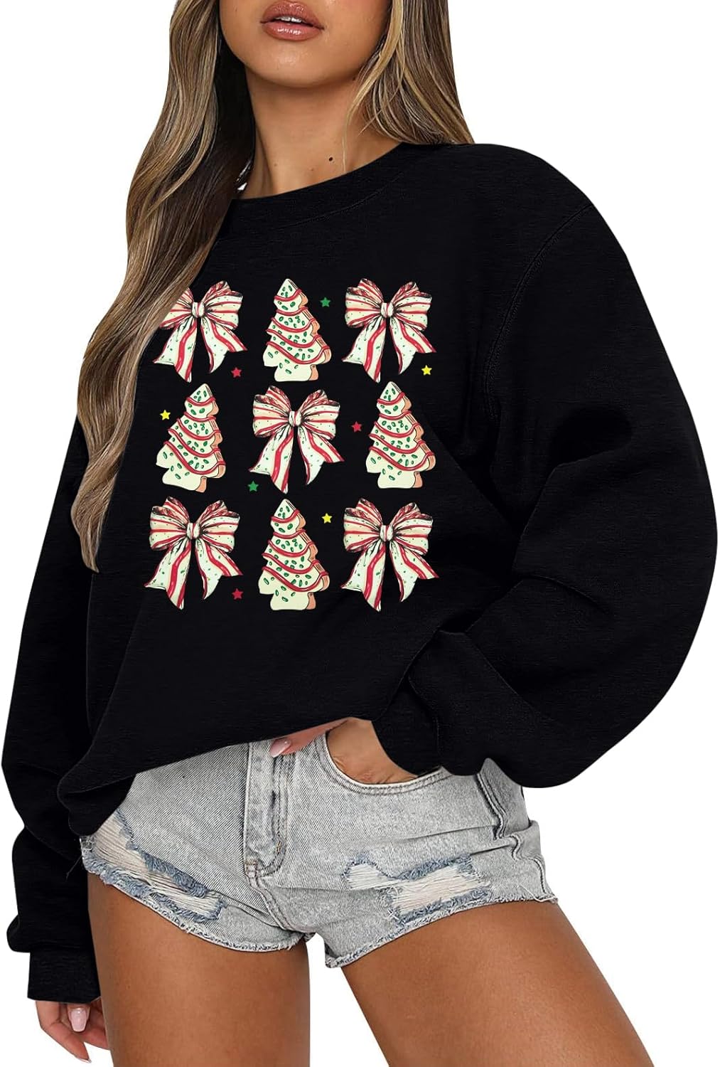 MYHALF Womens White Christmas Sweatshirt Crewneck Christmas Tree Graphic Shirts Oversized Xmas Pullover Sweater