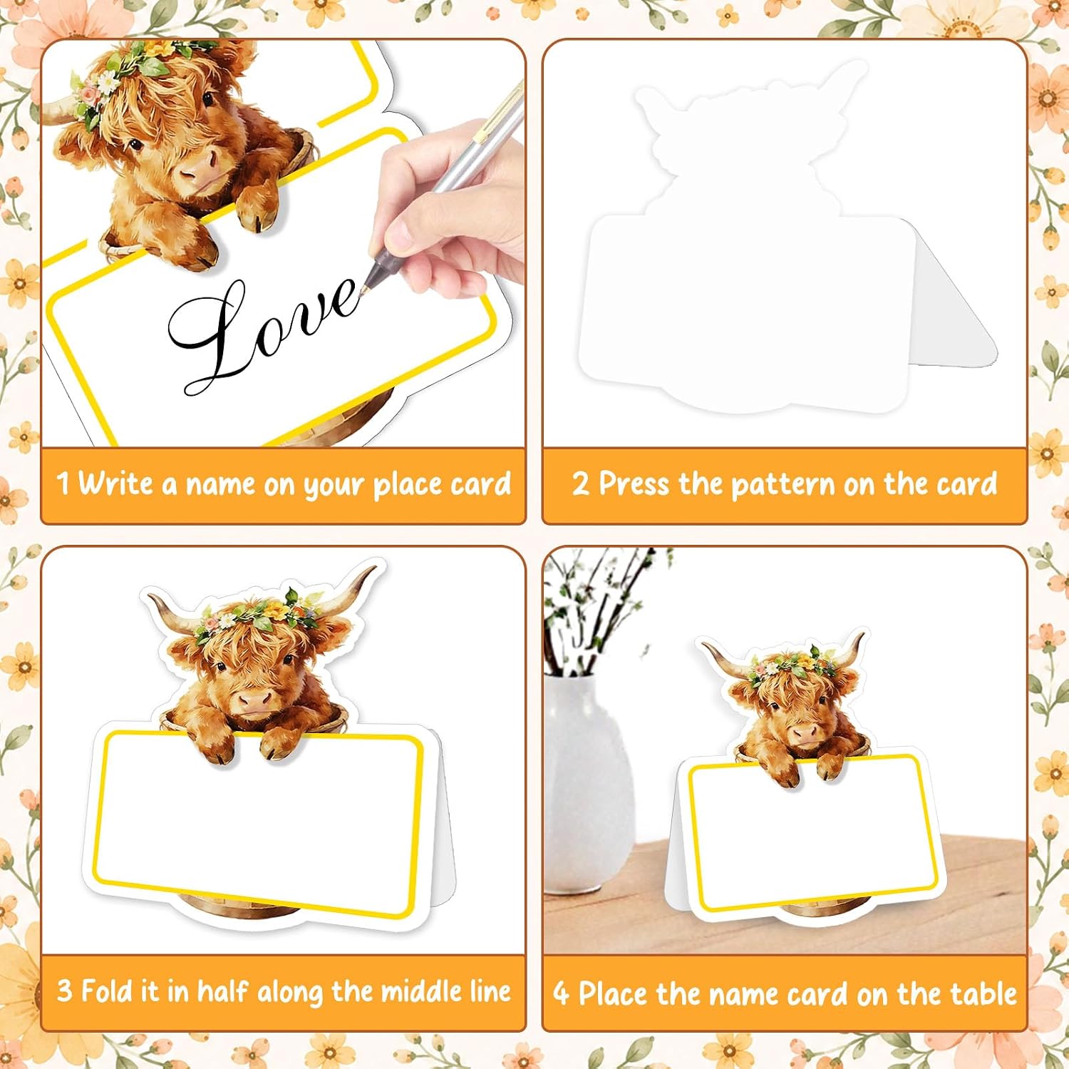 Highland Cow Baby Shower Name Place Cards, 50 Pcs Food Labels for Buffet