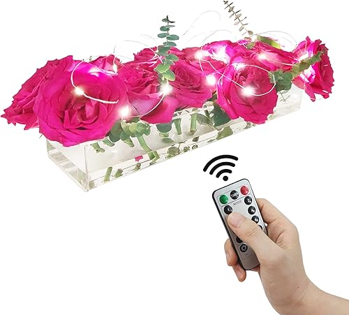 Florero de acrílico rectangular y función de temporizador, luces LED, centro de mesa floral de 15.7 pulgadas para mesa de comedor, jarrón decorativo