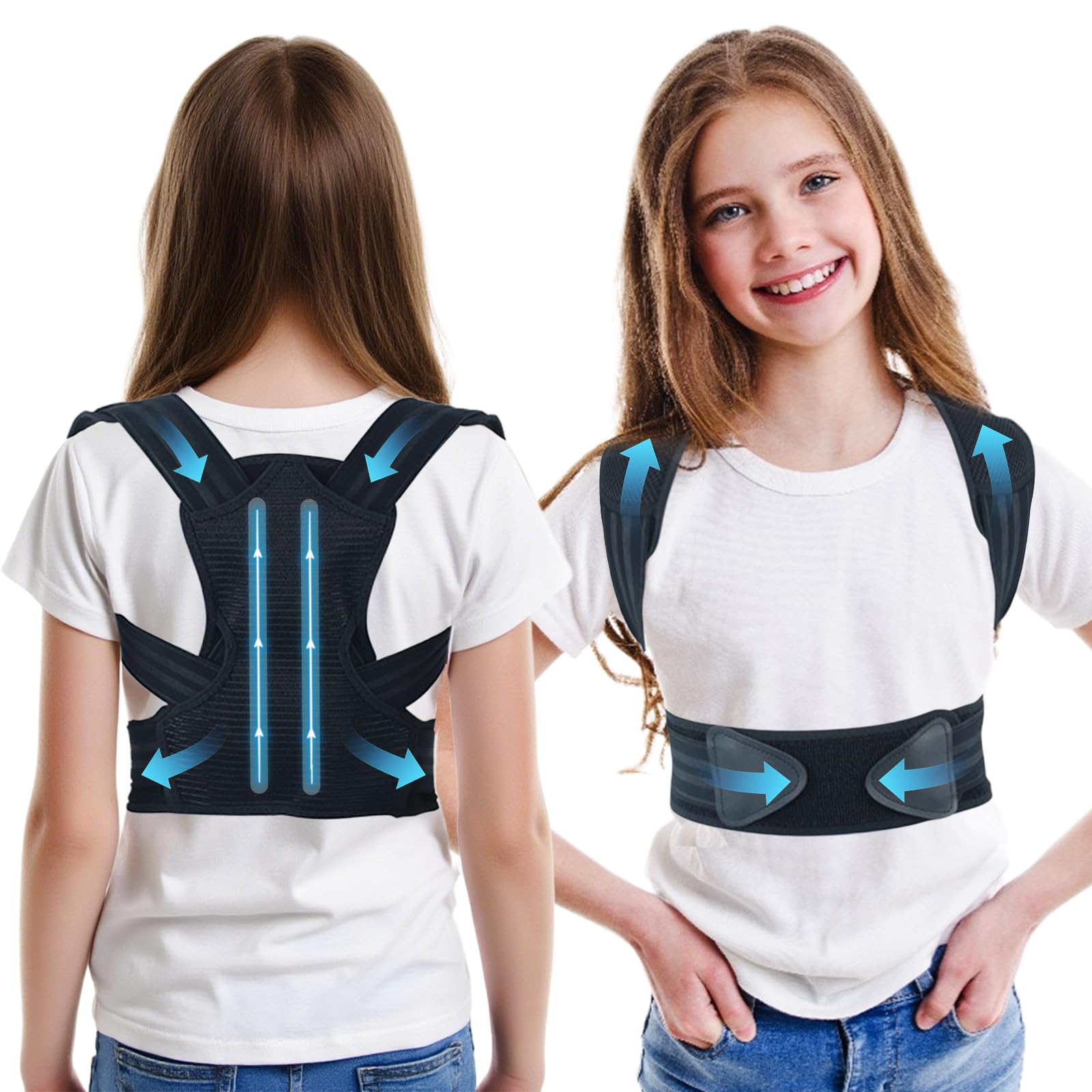 Flylin Corrector de postura para niños, ajustable, enderezador de espalda con hombreras, soporte de postura para la parte superior de la espalda para adolescentes para proporcionar apoyo espinal,