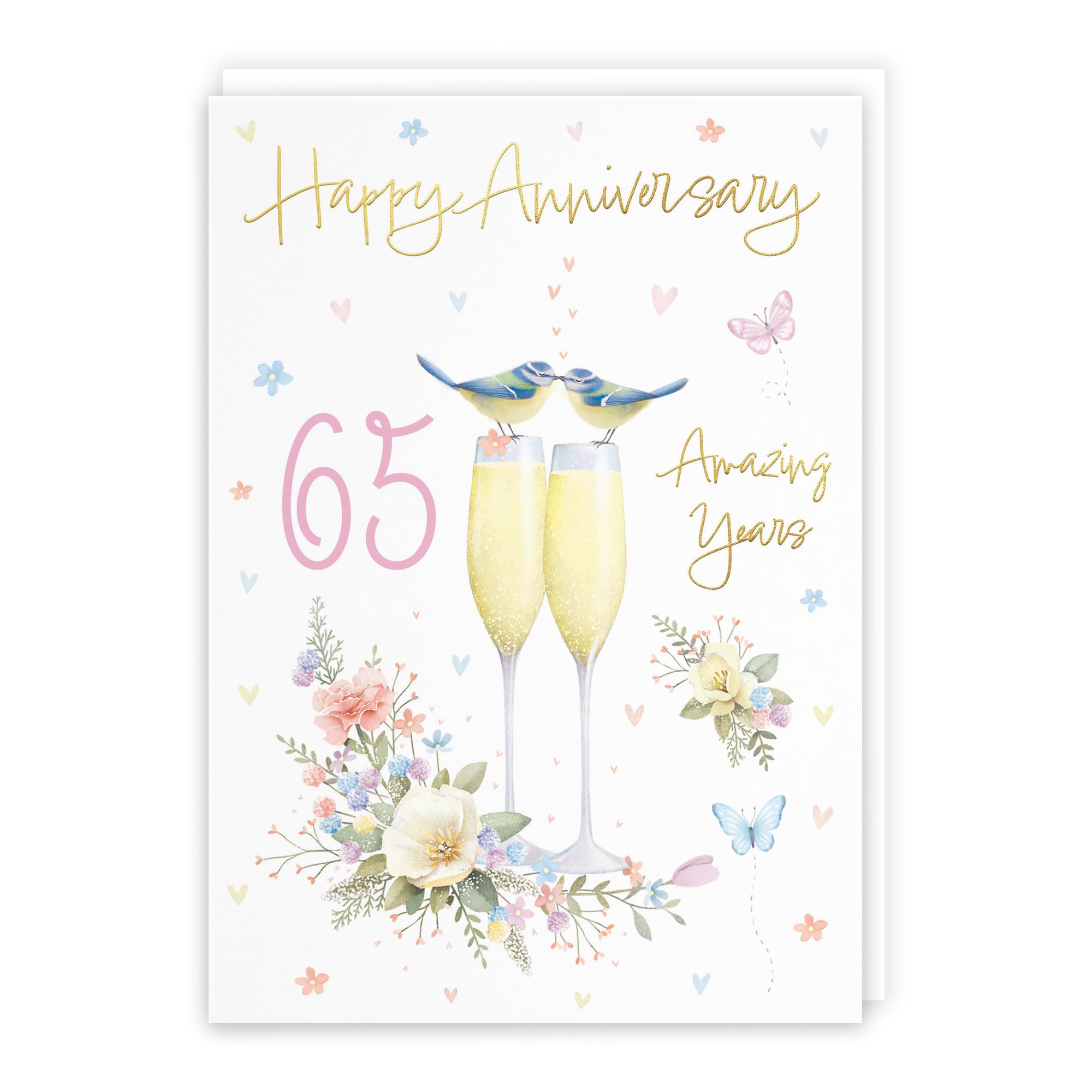 Hunts England, 65th Anniversary Card For Him Or Her, A5 Size, Champagne Flutes, Gold Foil