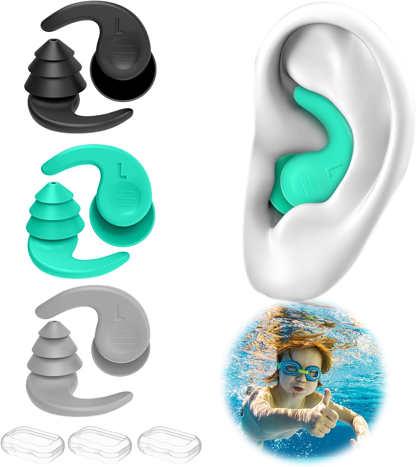 Swimming Ear Plugs for Kids 6-14,3 Pairs Waterproof Reusable Silicone Swim Earplugs for Swimming Surfing Snorkeling and Other Water Sports (Kids 6-14 Years Old)