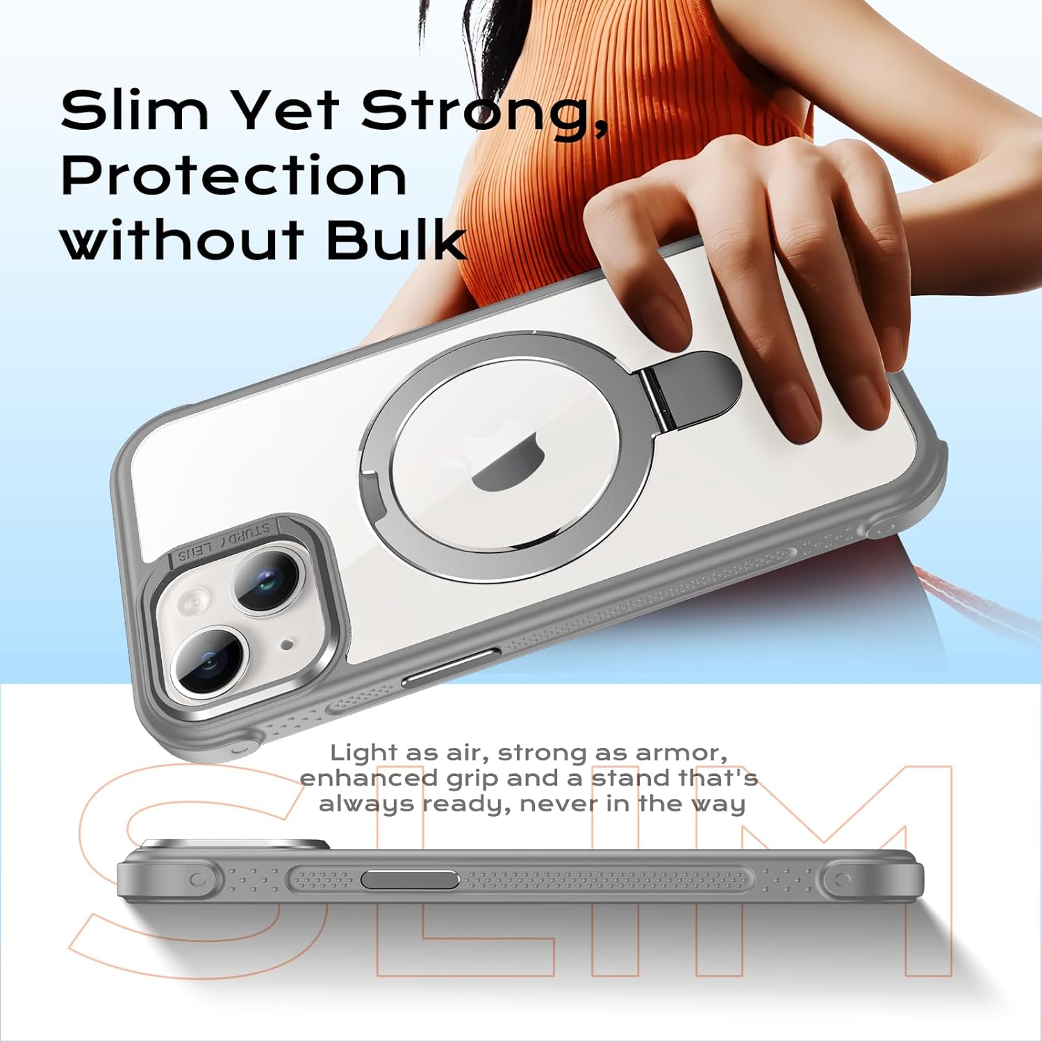 Anqrp O-Ring Magnetic Kickstand Clear Case for iPhone 14/13, Compatible with Mag-Safe, Military-Grade Reinforced 4-Corners Anti-Yellowing Transparent Phone Case Cover for iPhone 13/14, Gray - Image 6