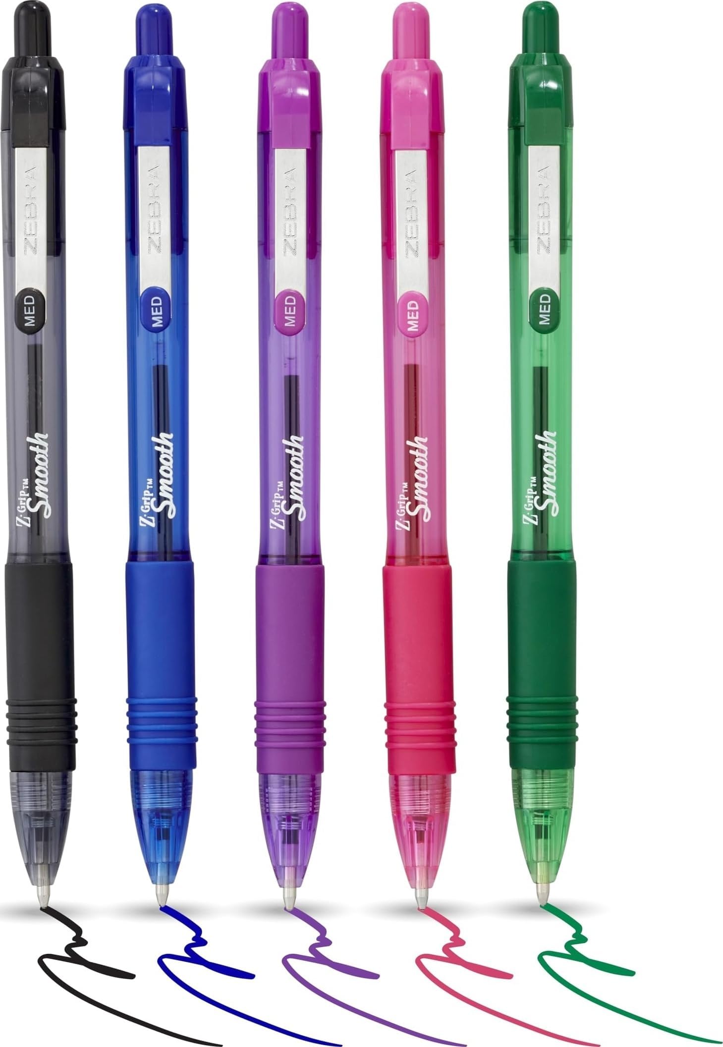 Zebra Pen Z Grip Smooth Multi- Coloured & Black Ballpoint Pens, Smooth & Comfortable Retractable Pens With Pocket Clip, Multipack Biro Pens - Medium Point, 5 pack