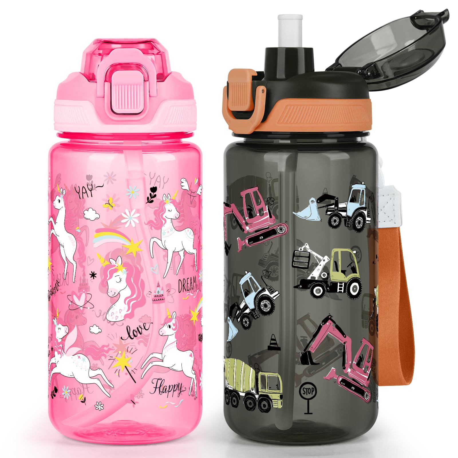 wooshwa Kids Water Bottle for School, 2-Pack 600ml Leakproof 2-in-1 Water Bottle with a Pop-up Detachbale Straw, Dishwasher Safe (Unicorn/Construction Truck) โ image 1