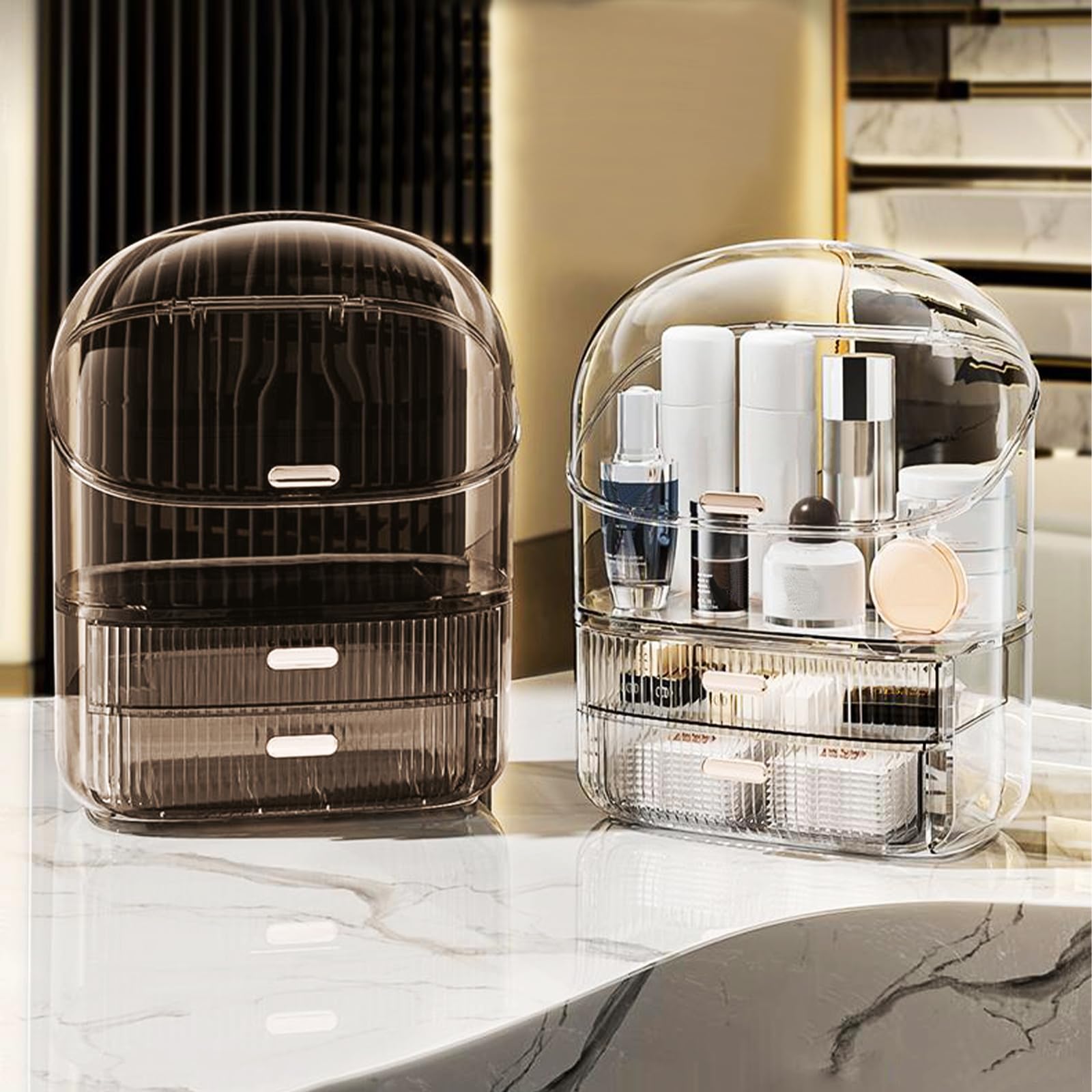 DASITON Großer Make up Kosmetik Organizer mit 2 Schubladen,Staubdichte Kosmetik Aufbewahrung mit Deckel,Cosmetic Skincare organizer für Schminktisch,Badezimmer,Schlafzimmer(Transparent)