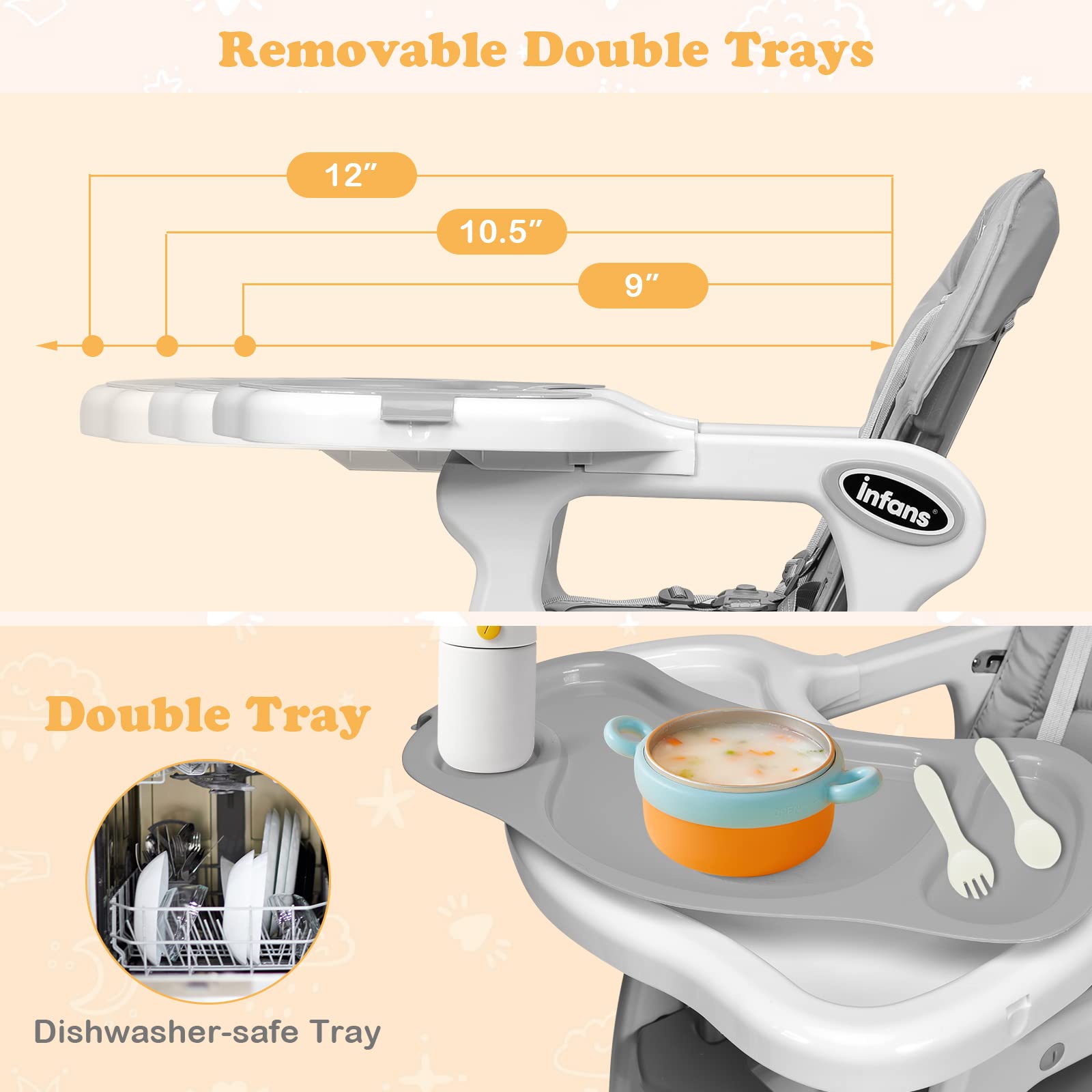 GOPLUS 5 en 1 Trona de Bebé para 6-72 Meses, Carga 20 kg, Trona Comedor Portatil para Niños con Respaldo Ajustable de 3 Niveles, 2 bandejas extraíbles, Rueda universal con Freno (Gris)