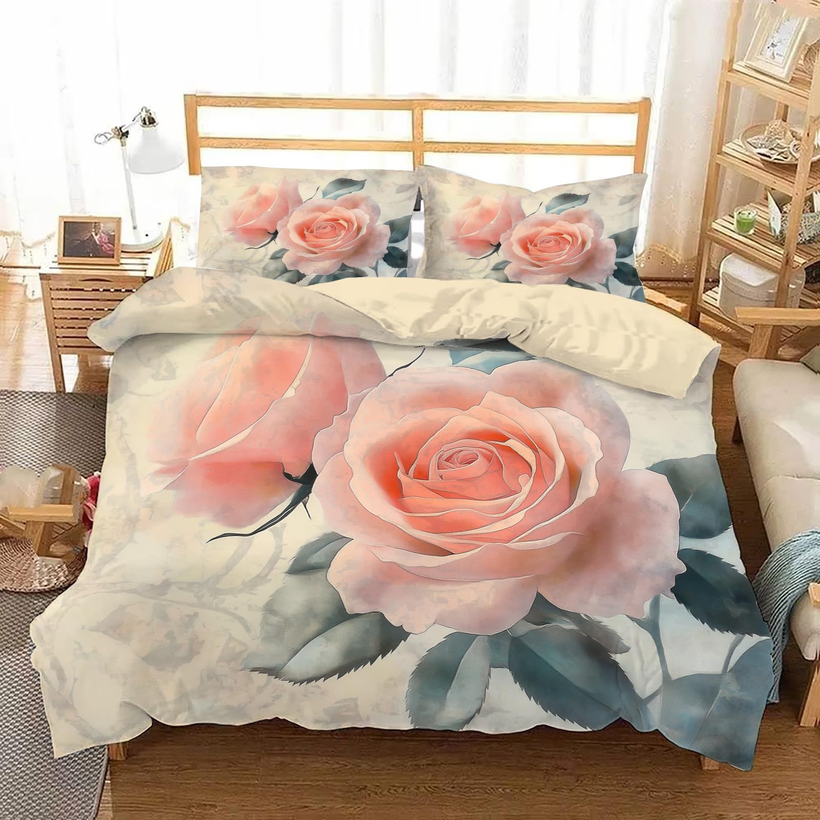 Funda nórdica de rosas rosadas tamaño doble con juego de cama suave de 3 piezas