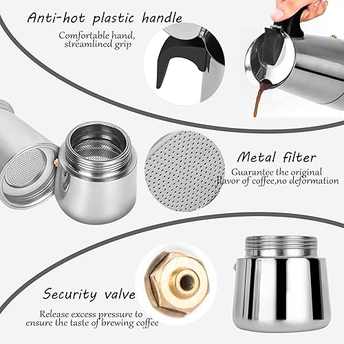 Miniatura 6 de Cafetera de café espresso portátil de acero inoxidable, clásica para el hogar y la oficina (15.2 fl oz)