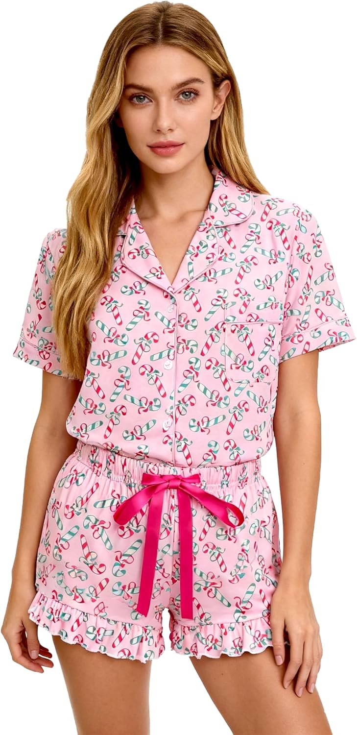 Cute Pajama Sets for Women Floral Bow Valentine's Heart Loungewear Short Sleeve Ruffle Cheetah Print Pjs - Image 2