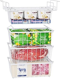iSPECLE Freezer Organizer Bins - 3 Pcs Medium Stackable Baskets & 1 Pcs Hanging Deep Freezer Organizer Bins for 5 Cu.Ft Chest Freezer Easily Gets Bottom Food, Adds Space to Store More Food, White