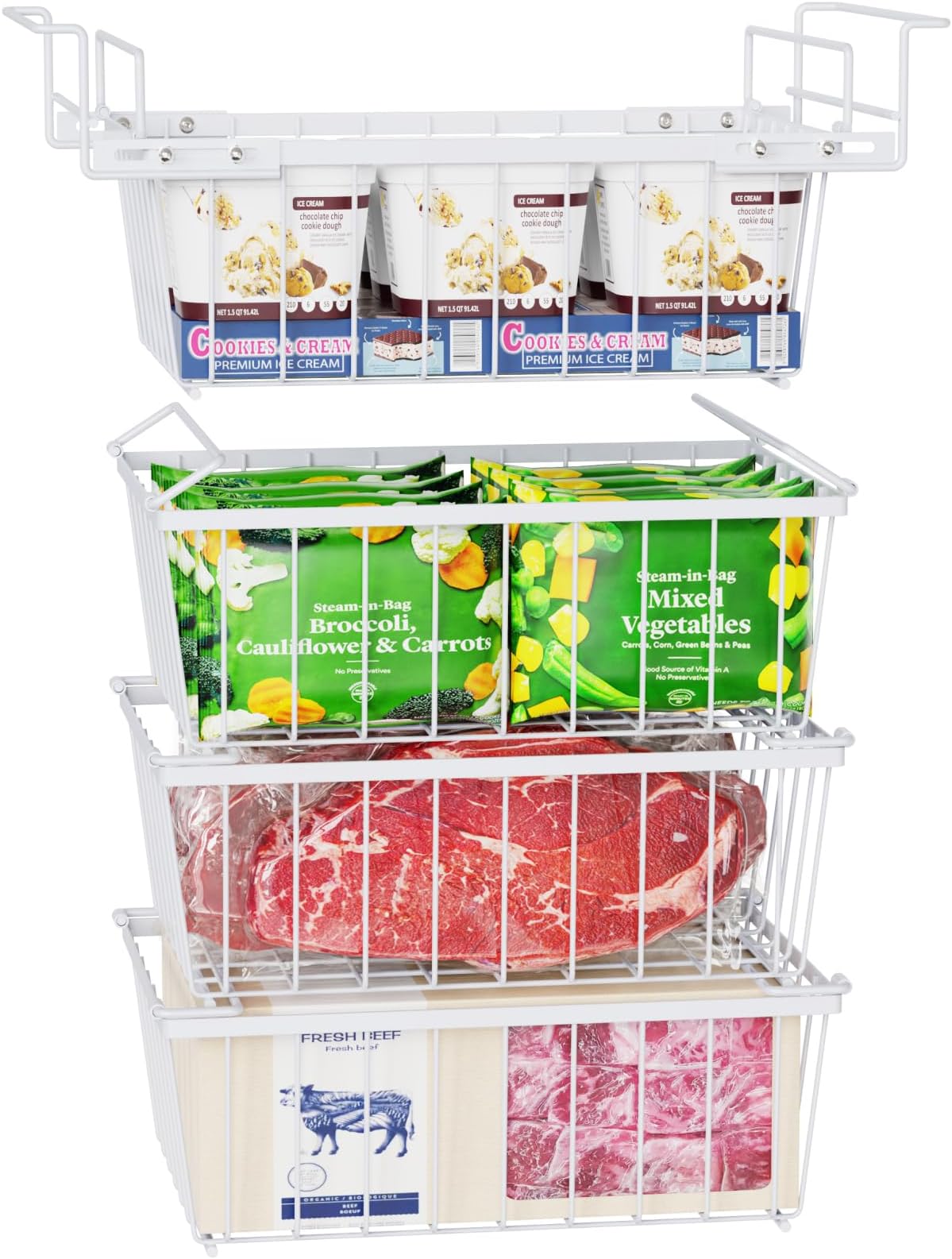 Freezer Organizer Bins - 3 Pcs Medium Stackable Baskets & 1 Pcs Hanging Deep Freezer Organizer Bins for 5 Cu.Ft Chest Freezer Easily Gets Bottom Food, White