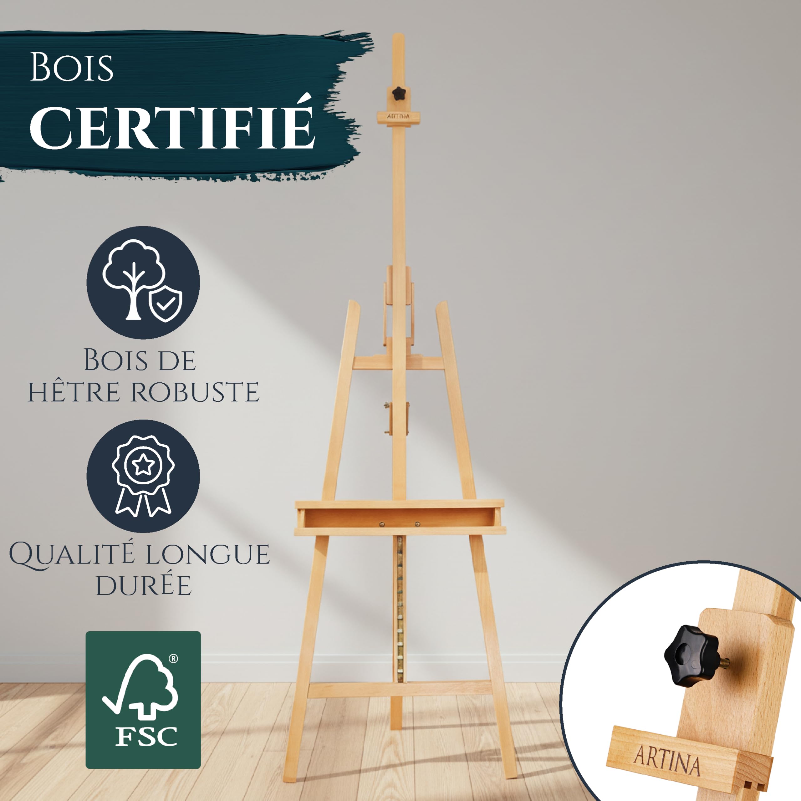 Artina Grand Chevalet d'Atelier 66x225 cm Barcelona – Chevalet Tripode en Bois de Hêtre Réglable avec Support de Peinture – FSC® Bois Pliable pour Toiles jusqu'à 120cm