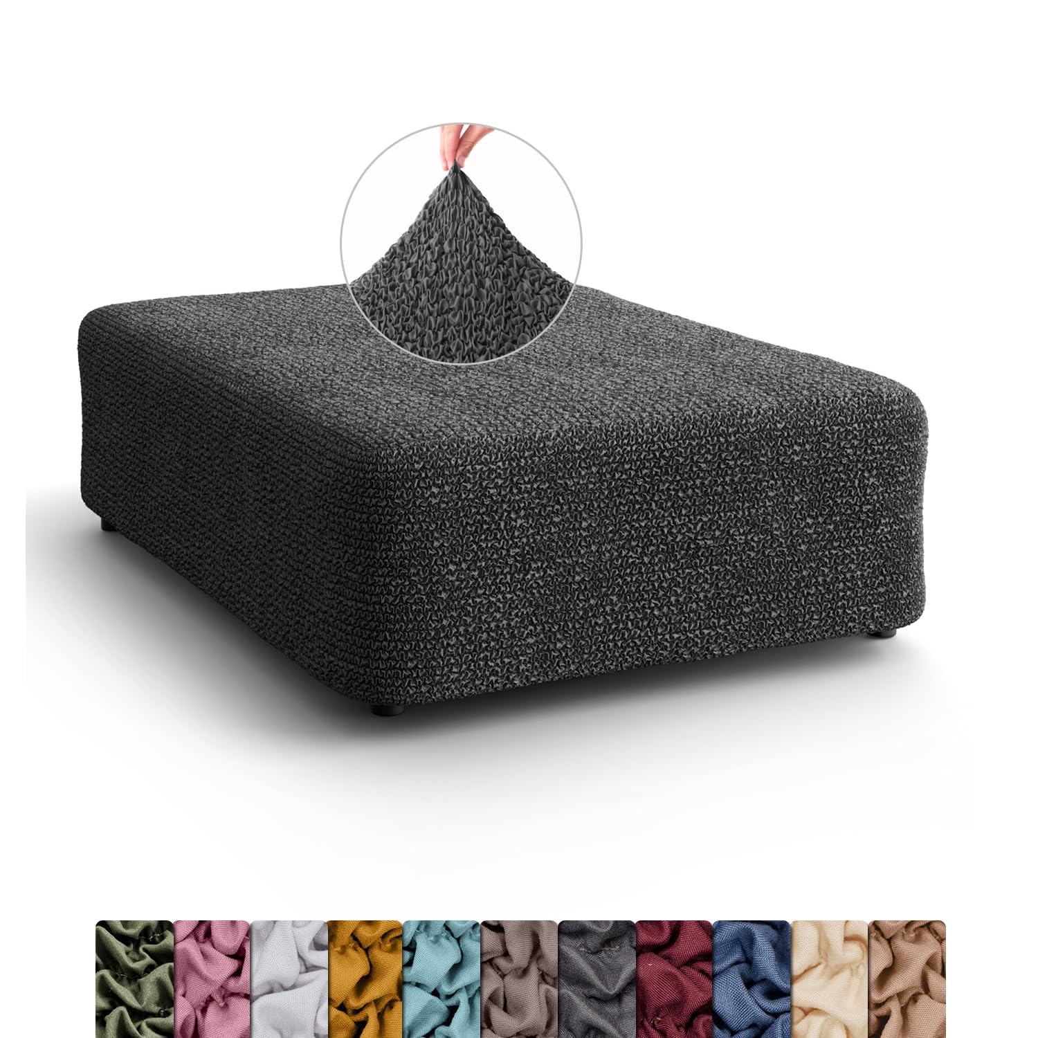 Menotti Large Footstool Ottoman Foot Rest Slip Cover for Sofa Stretch Elastic Fabric Protector - Microfibra - Charcoal (Large Footstool)