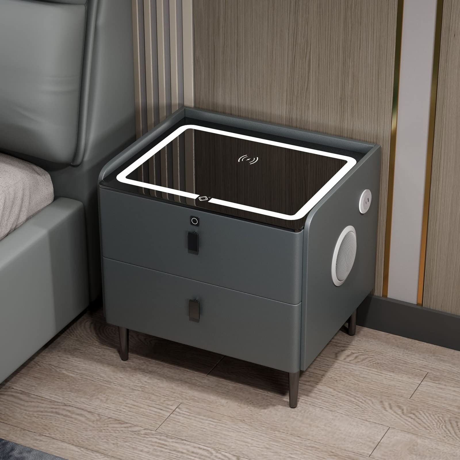 WLIVE Comodino Con Luci LED RGB E Stazione Di Ricarica – 4 Cassetti, 2 USB E 2 Prese, Nero