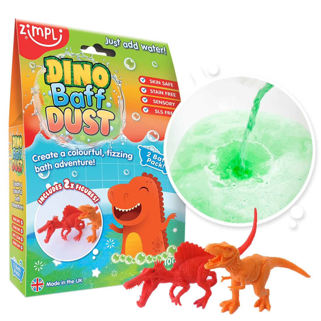 Dino Baff Dust 2 Bath Pack and 2 x Dinosaur Figures from Zimpli Kids, Magical Bubble Bath Bomb Soak Powder for Children, Bubble Spa Bath Gift for Kids, Dinosaur Gifts for Boys, Bath Toy, Non-Toxic